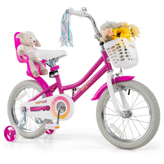 16-inch kids bike with training wheels and two brake system, suitable for ages 4-7, featuring colorful design and sturdy frame.