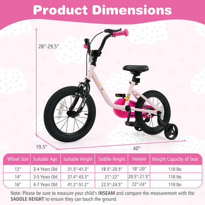 Kids Bike for 3-7 Years Old Boys and Girls 12/14/16-Inch Children Bicycle-Pink 14 Inch