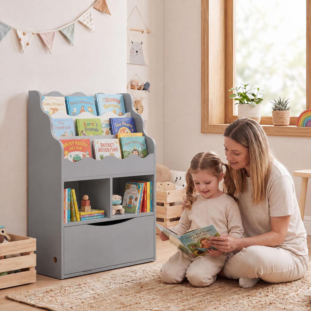 Kids Bookcase with 3-Tier Sling Bookshelf with Shelves Open Cubes and Flip Down Cabinet-Gray
