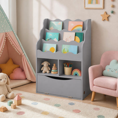 Kids Bookcase with 3-Tier Sling Bookshelf with Shelves Open Cubes and Flip Down Cabinet-Gray