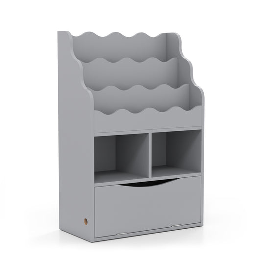 Gray kids bookcase with 3-tier sling bookshelf, open cube shelves, and a flip-down cabinet, ideal for children's room storage.