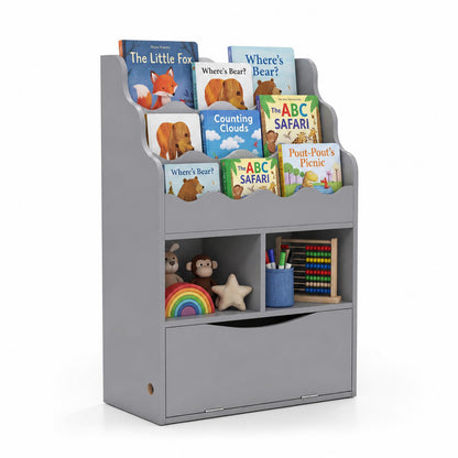 Kids Bookcase with 3-Tier Sling Bookshelf with Shelves Open Cubes and Flip Down Cabinet-Gray