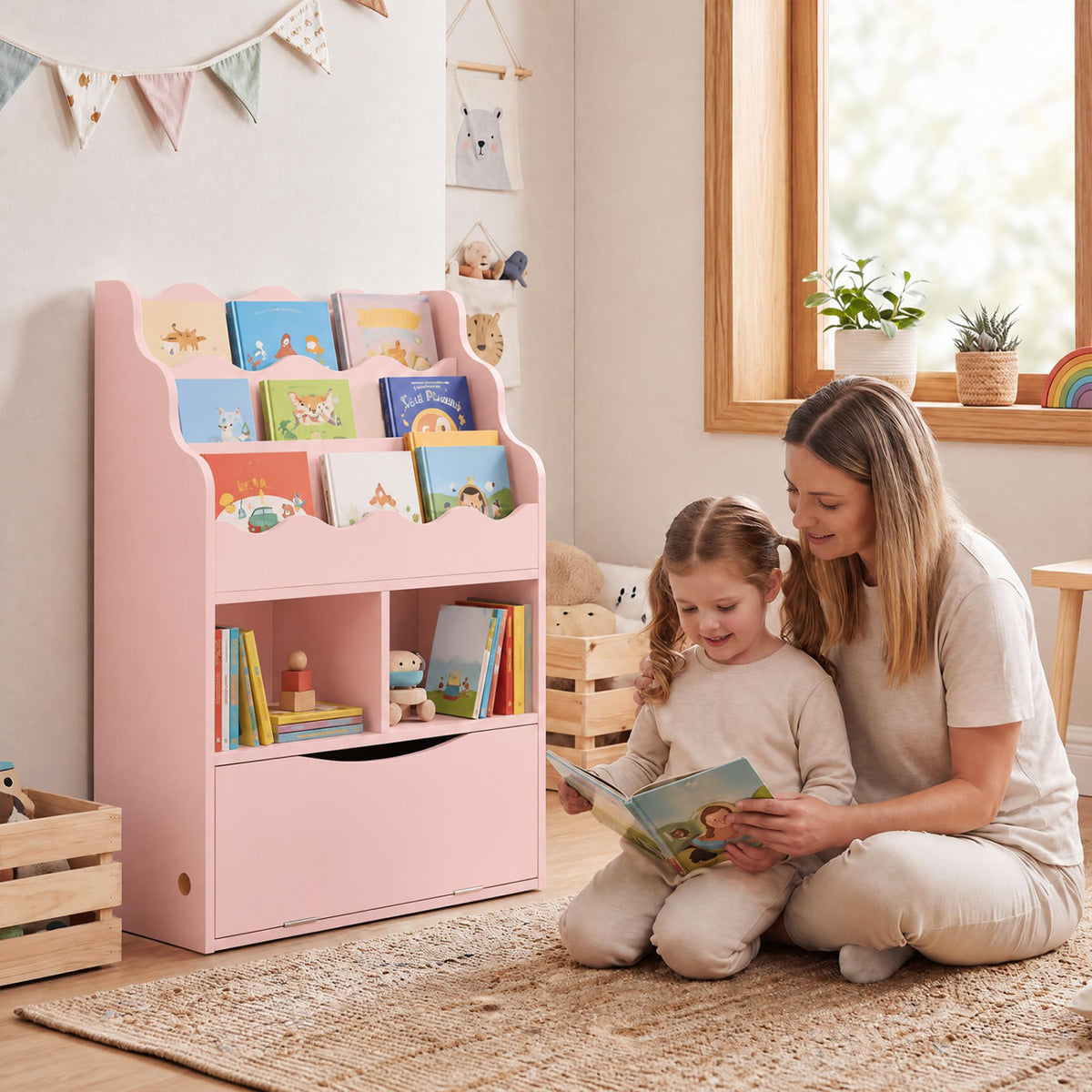 Kids Bookcase with 3-Tier Sling Bookshelf with Shelves Open Cubes and Flip Down Cabinet-Gray