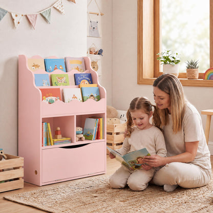 Kids Bookcase with 3-Tier Sling Bookshelf with Shelves Open Cubes and Flip Down Cabinet-Gray