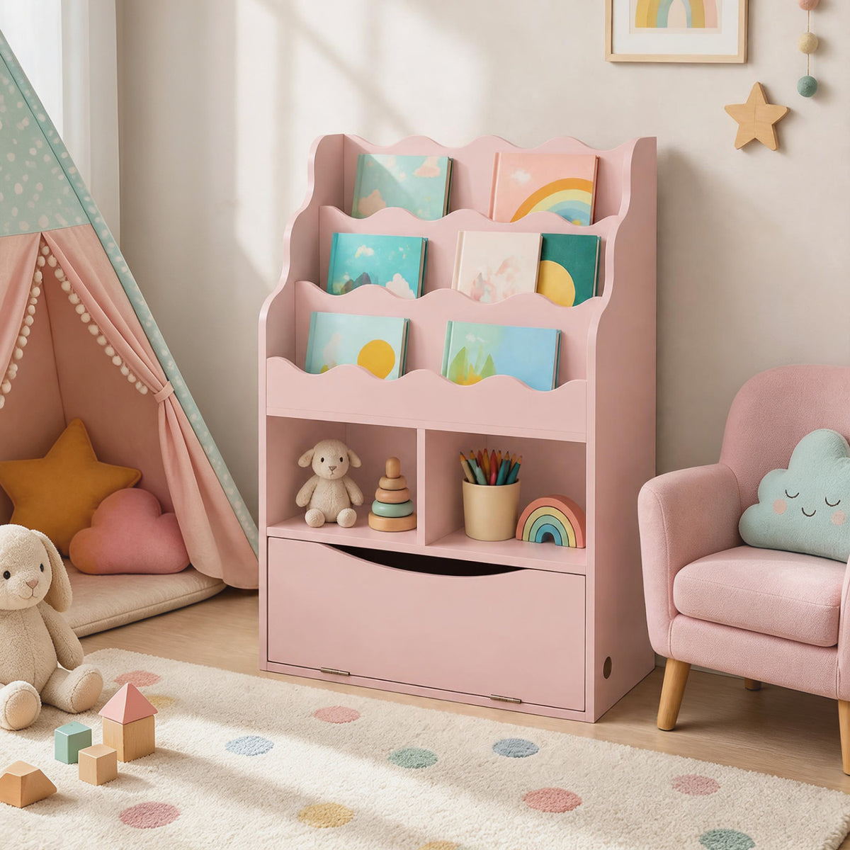 Kids Bookcase with 3-Tier Sling Bookshelf with Shelves Open Cubes and Flip Down Cabinet-Gray