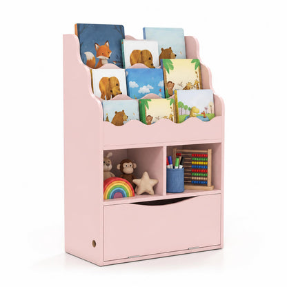 Kids Bookcase with 3-Tier Sling Bookshelf with Shelves Open Cubes and Flip Down Cabinet-Gray