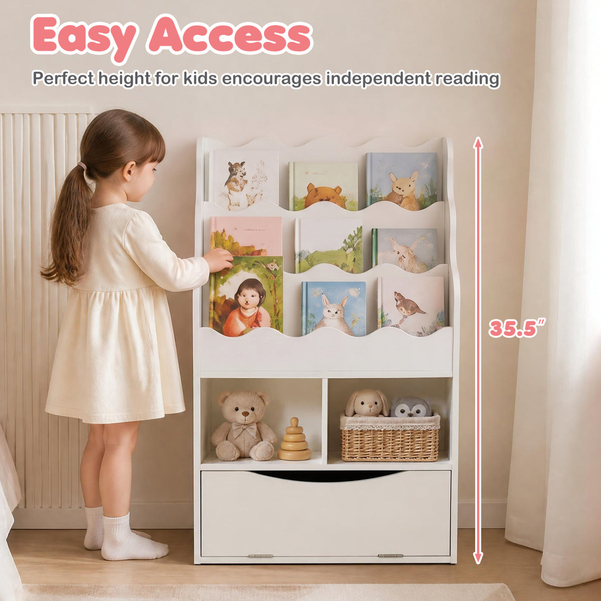 Kids Bookcase with 3-Tier Sling Bookshelf with Shelves Open Cubes and Flip Down Cabinet-Gray