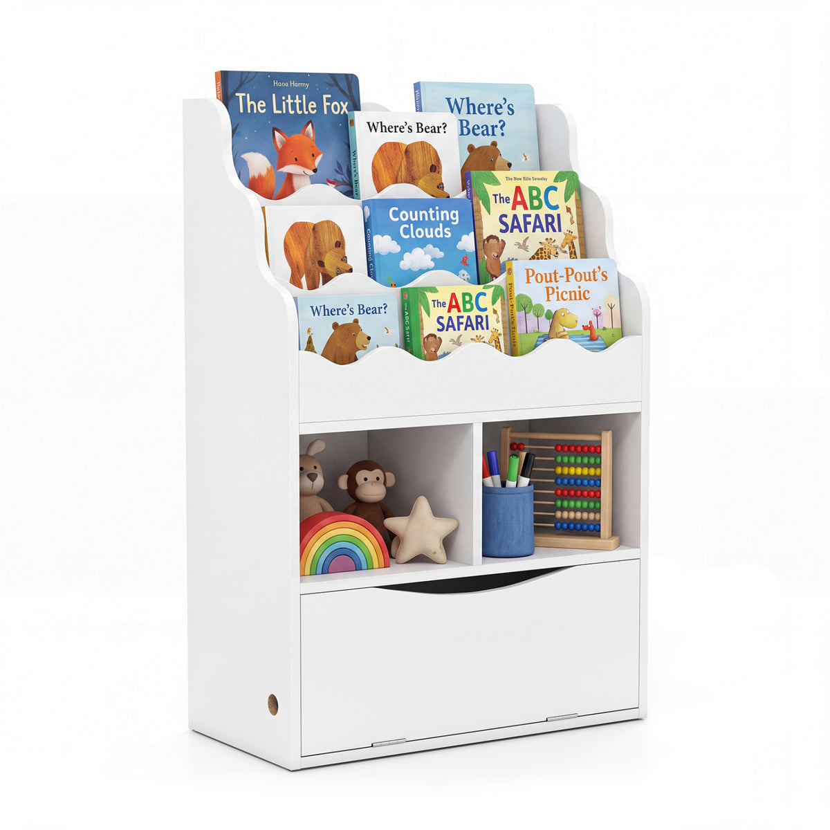 Kids Bookcase with 3-Tier Sling Bookshelf with Shelves Open Cubes and Flip Down Cabinet-Gray