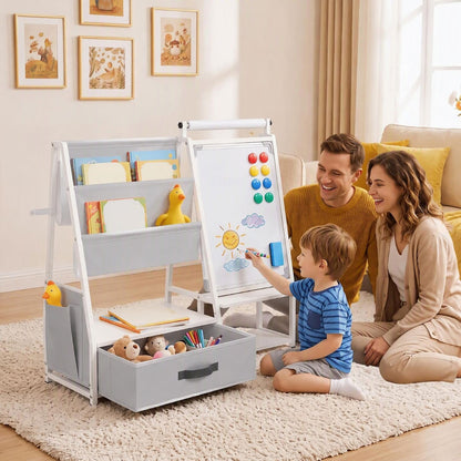 Kids Bookshelf Art Easel with Toy Organizer and Magnetic Whiteboard-Gray