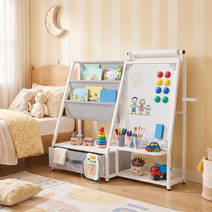 Kids Bookshelf Art Easel with Toy Organizer and Magnetic Whiteboard-Gray
