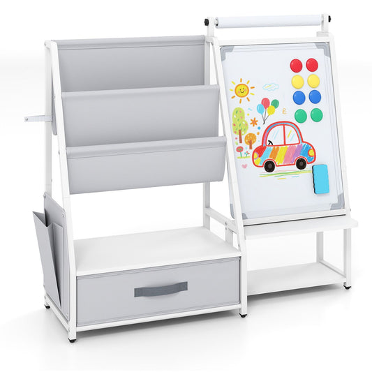 Kids Bookshelf Art Easel with Toy Organizer and Magnetic Whiteboard-Gray
