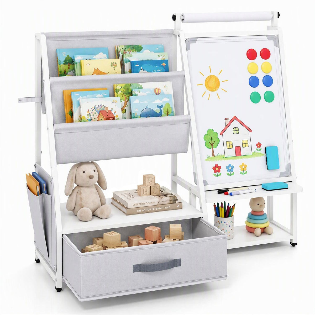 Kids Bookshelf Art Easel with Toy Organizer and Magnetic Whiteboard-Gray