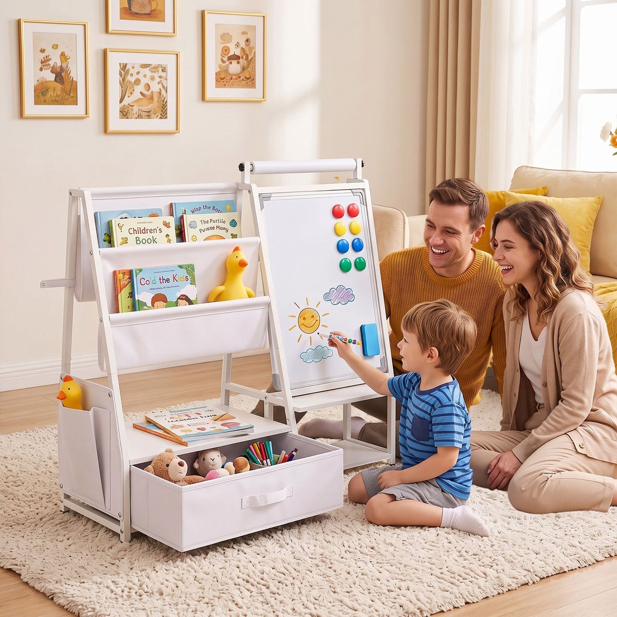 Kids Bookshelf Art Easel with Toy Organizer and Magnetic Whiteboard-Gray