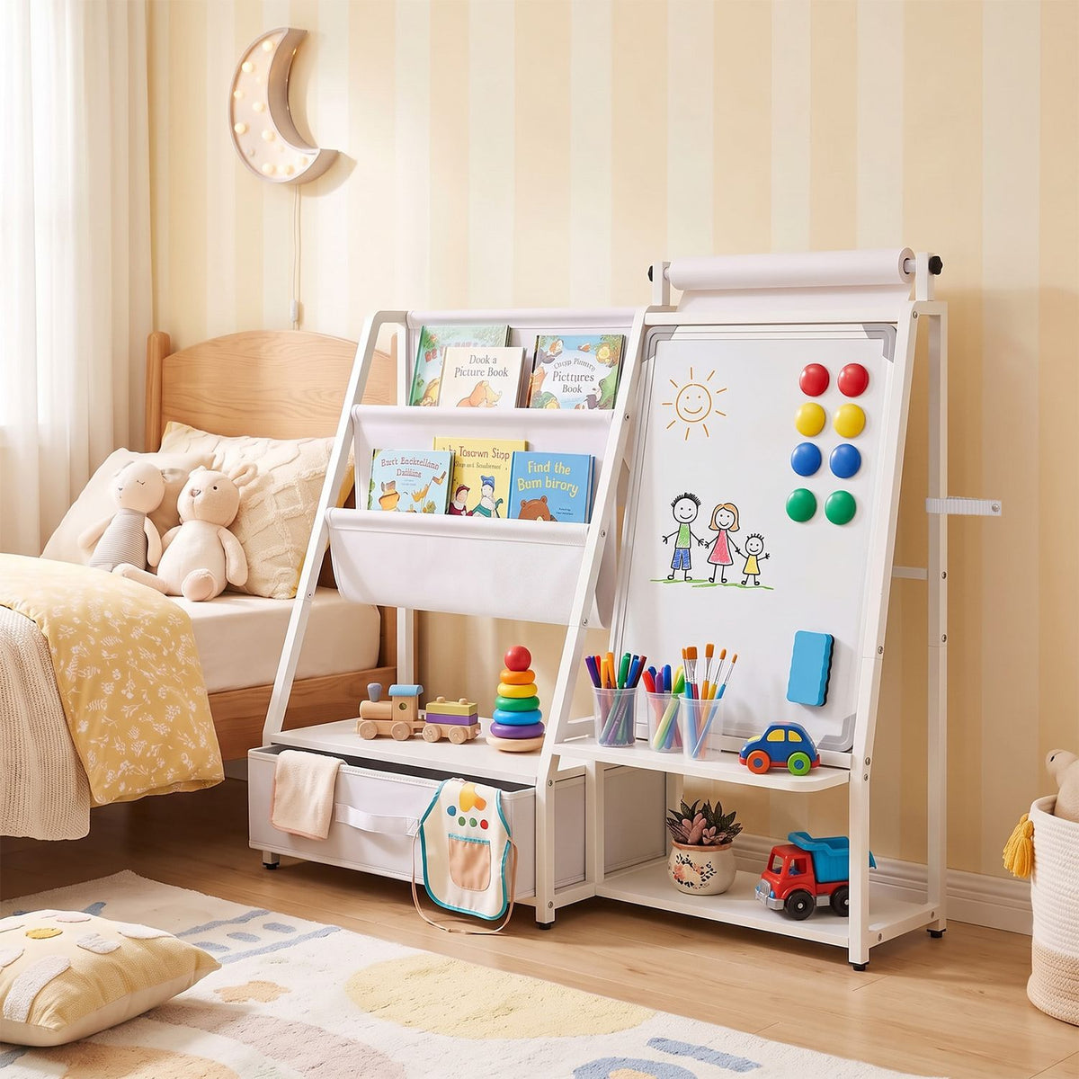 Kids Bookshelf Art Easel with Toy Organizer and Magnetic Whiteboard-Gray