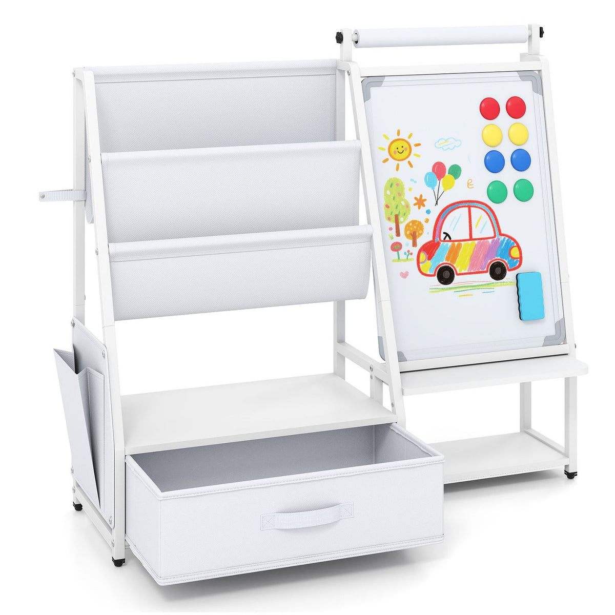 Kids Bookshelf Art Easel with Toy Organizer and Magnetic Whiteboard-Gray