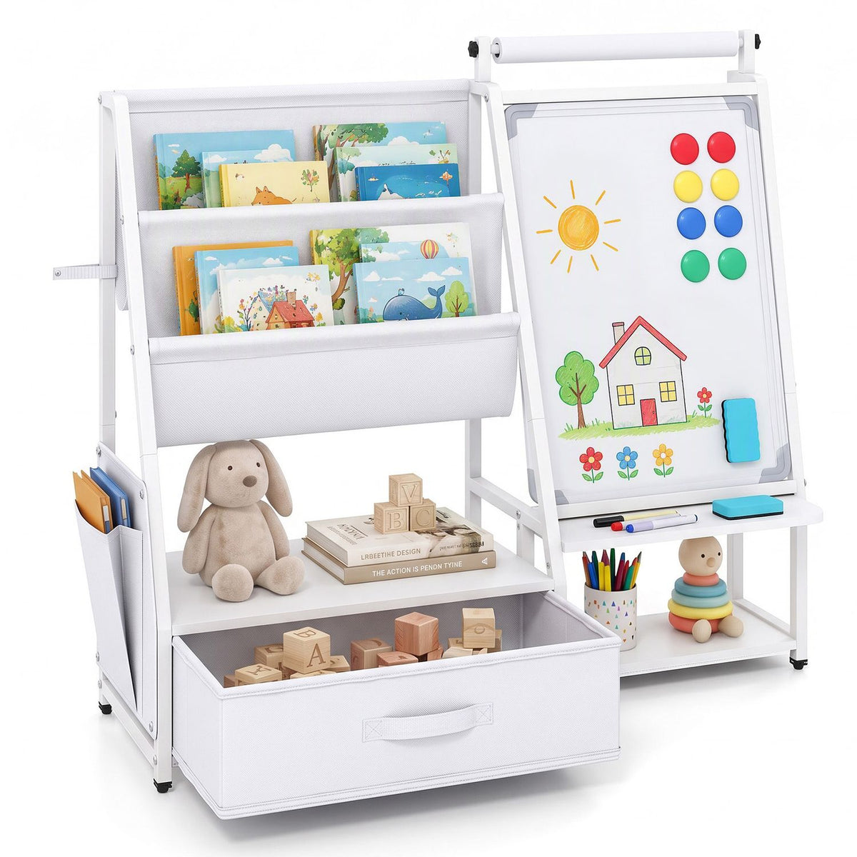 Kids Bookshelf Art Easel with Toy Organizer and Magnetic Whiteboard-Gray