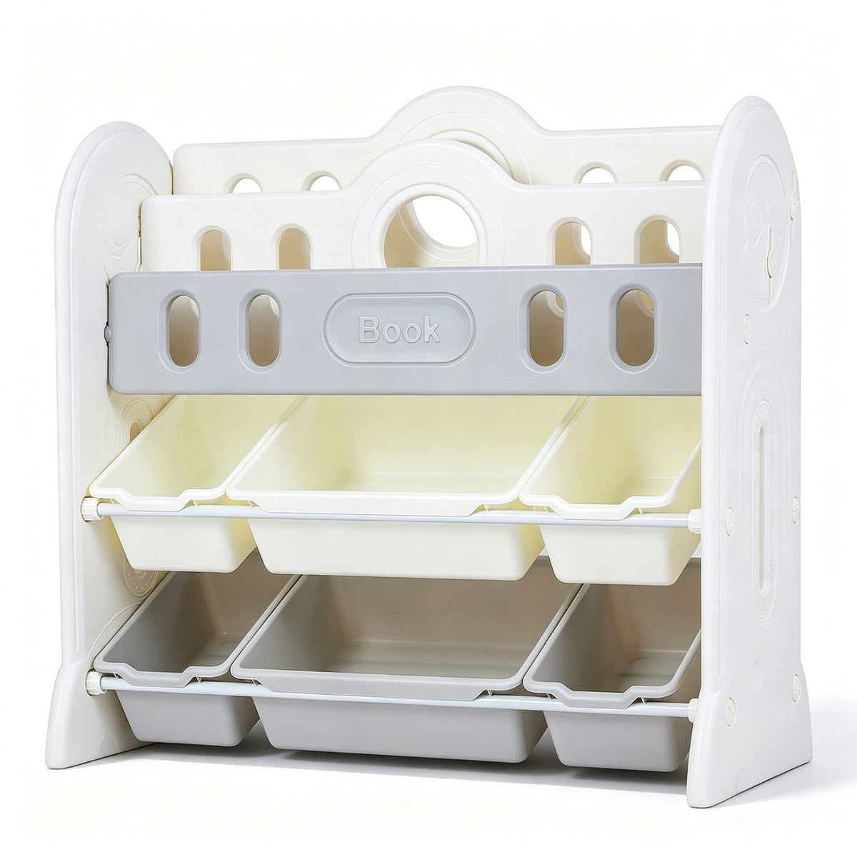 Kids bookshelf and toy storage organizer with two front-facing racks, designed for toddler and kids' bedroom organization.