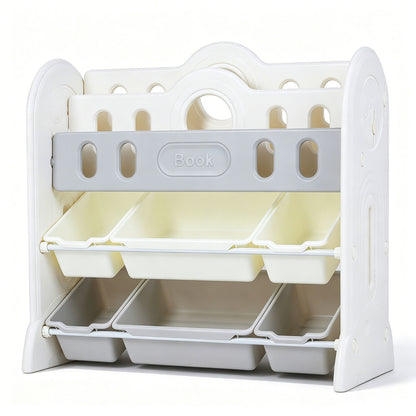 Kids bookshelf and toy storage organizer with two front-facing racks, designed for toddler and kids' bedroom organization.
