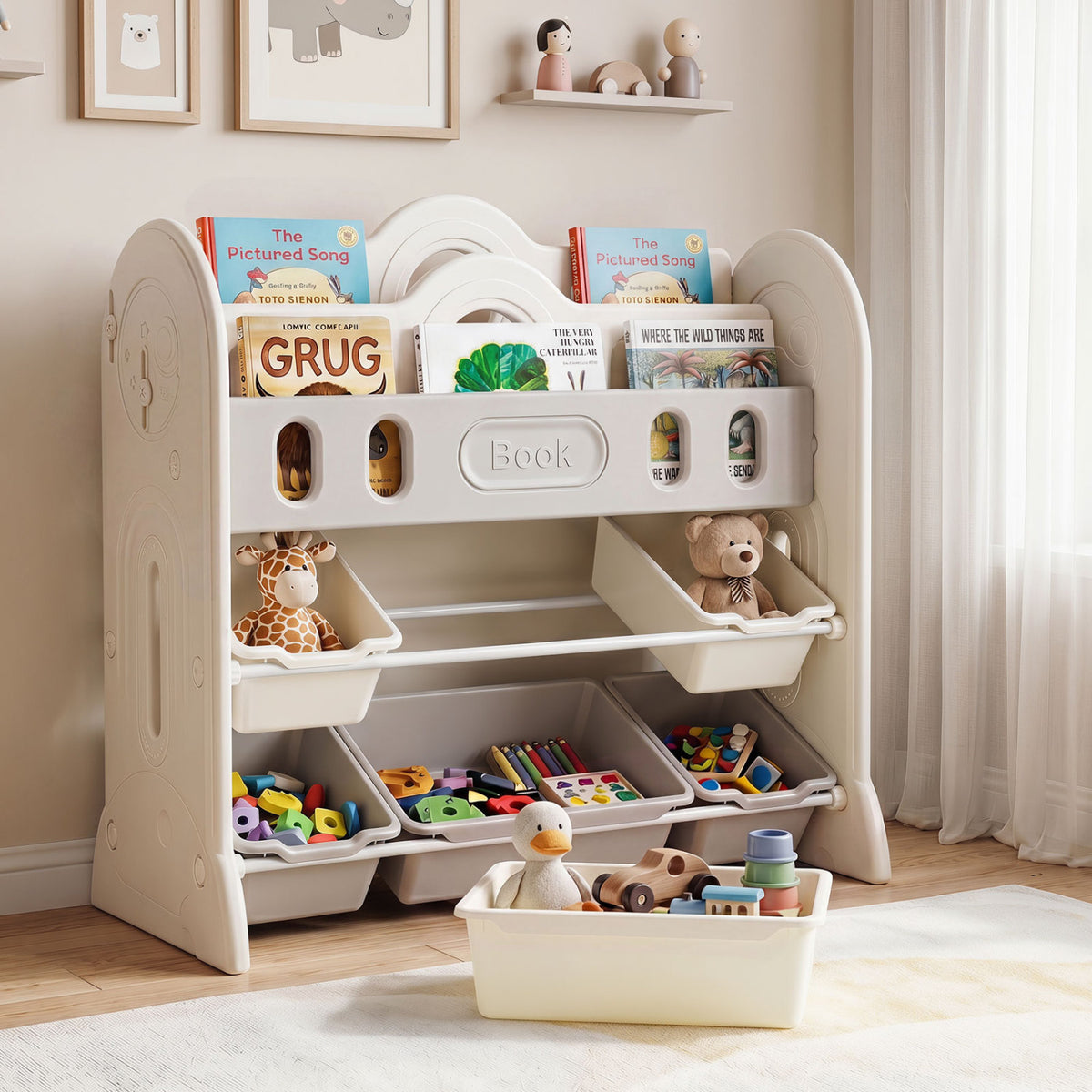 Kids bookshelf and toy storage organizer with two front-facing racks, ideal for toddler and kids room furniture.