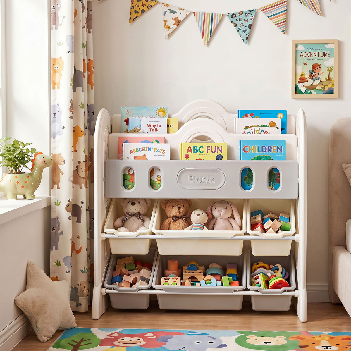 Kids bookshelf and toy storage organizer with two front-facing racks, perfect for toddler and kids room organization.
