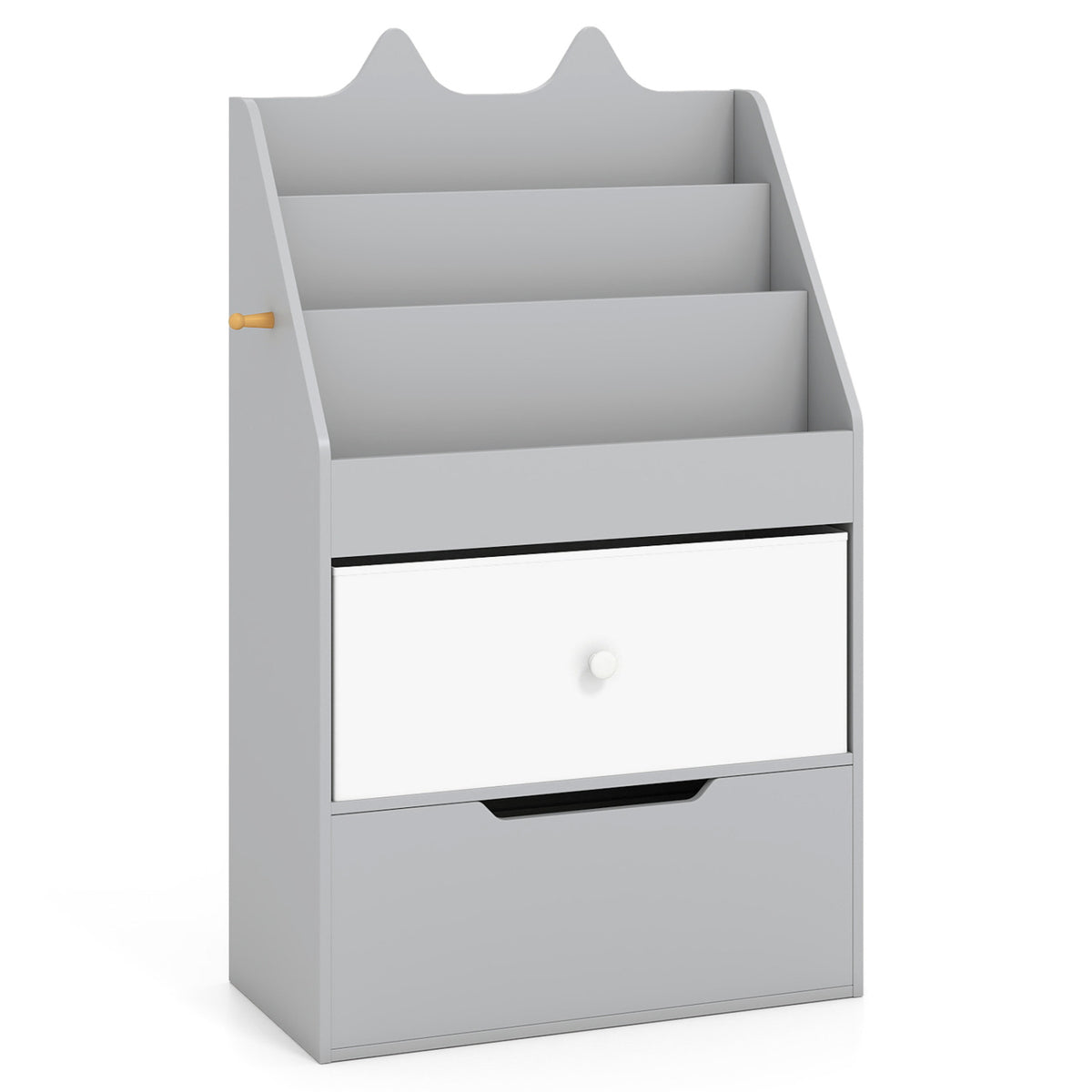 Kids Bookshelf and Toy Storage Organizer with Drawers and Hook for Kids Room-Gray