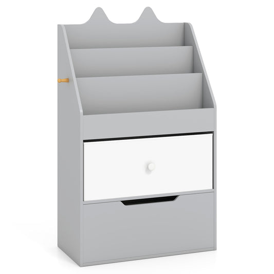 Kids Bookshelf and Toy Storage Organizer with Drawers and Hook for Kids Room-Gray