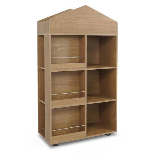 Natural wood kids bookshelf and toy storage organizer with four tiers, house-shaped toddler bookcase for children's room.