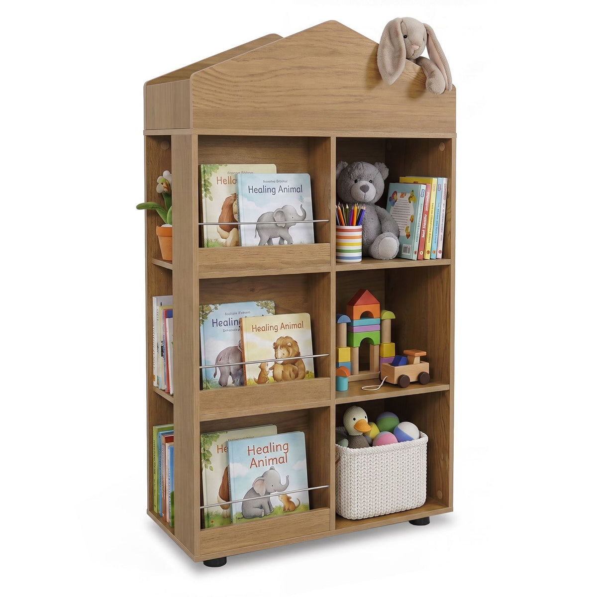 Kids Bookshelf and Toy Storage Organizer 4-Tier House-Shaped Toddler Bookcase-Natural