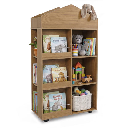 Kids Bookshelf and Toy Storage Organizer 4-Tier House-Shaped Toddler Bookcase-Natural
