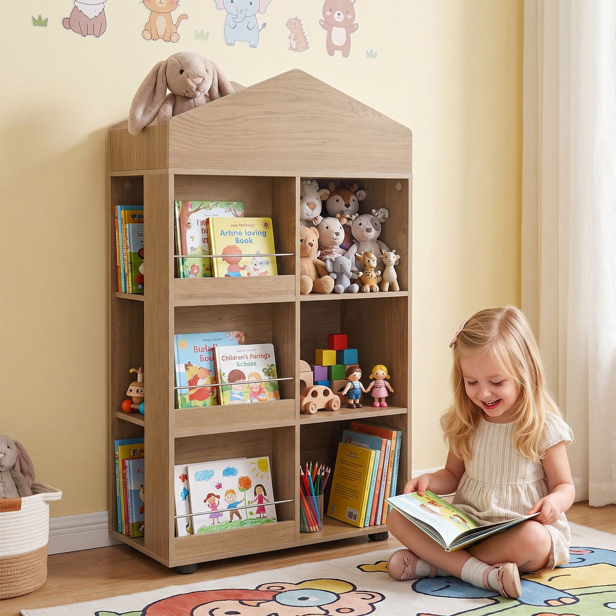 Kids Bookshelf and Toy Storage Organizer 4-Tier House-Shaped Toddler Bookcase-Natural