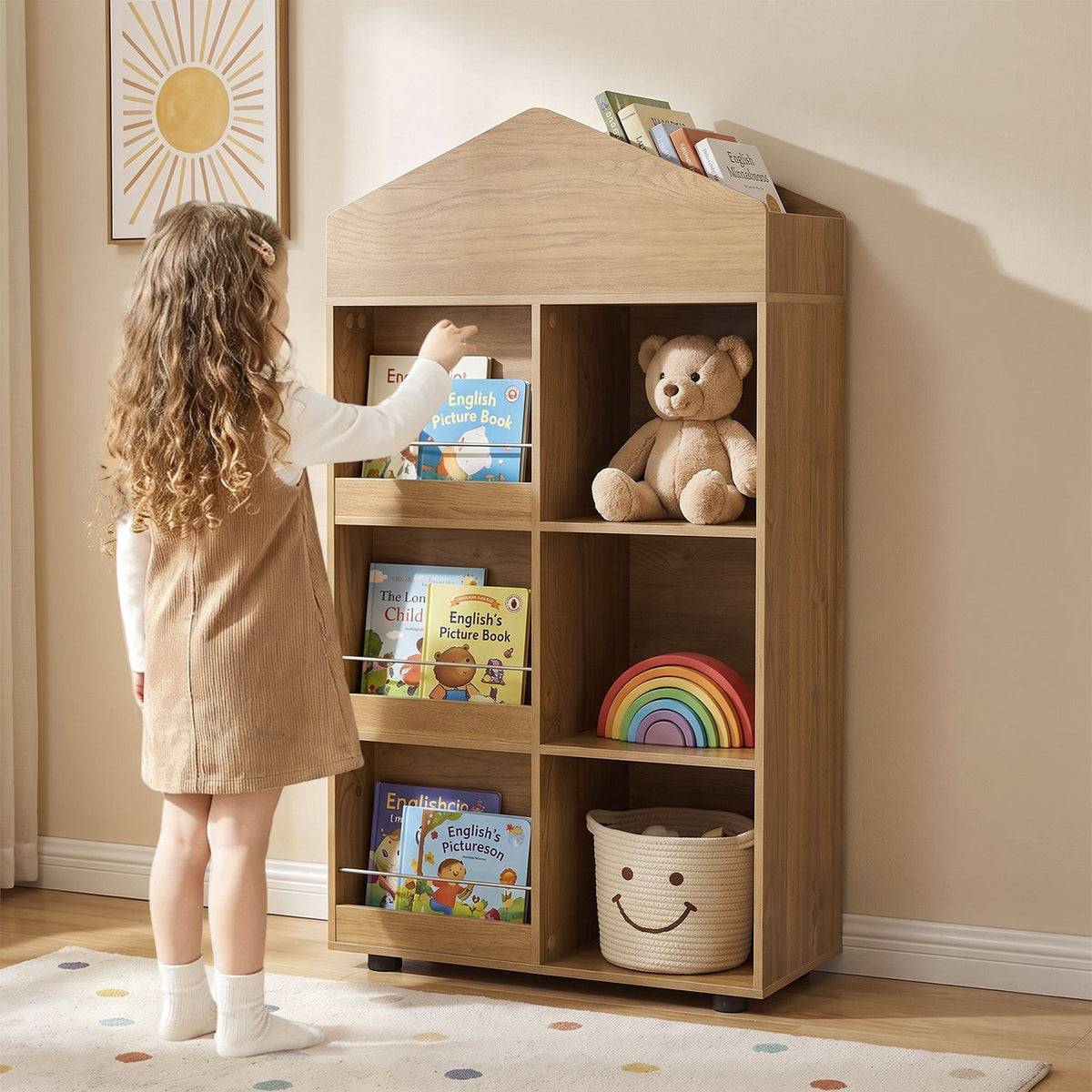 Kids Bookshelf and Toy Storage Organizer 4-Tier House-Shaped Toddler Bookcase-Natural