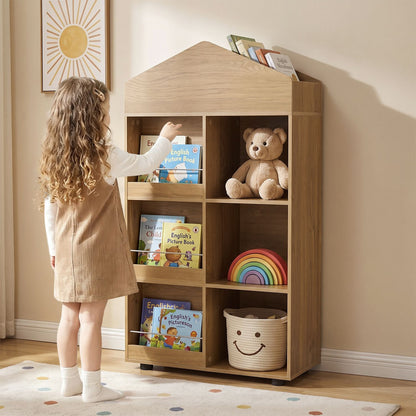 Kids Bookshelf and Toy Storage Organizer 4-Tier House-Shaped Toddler Bookcase-Natural