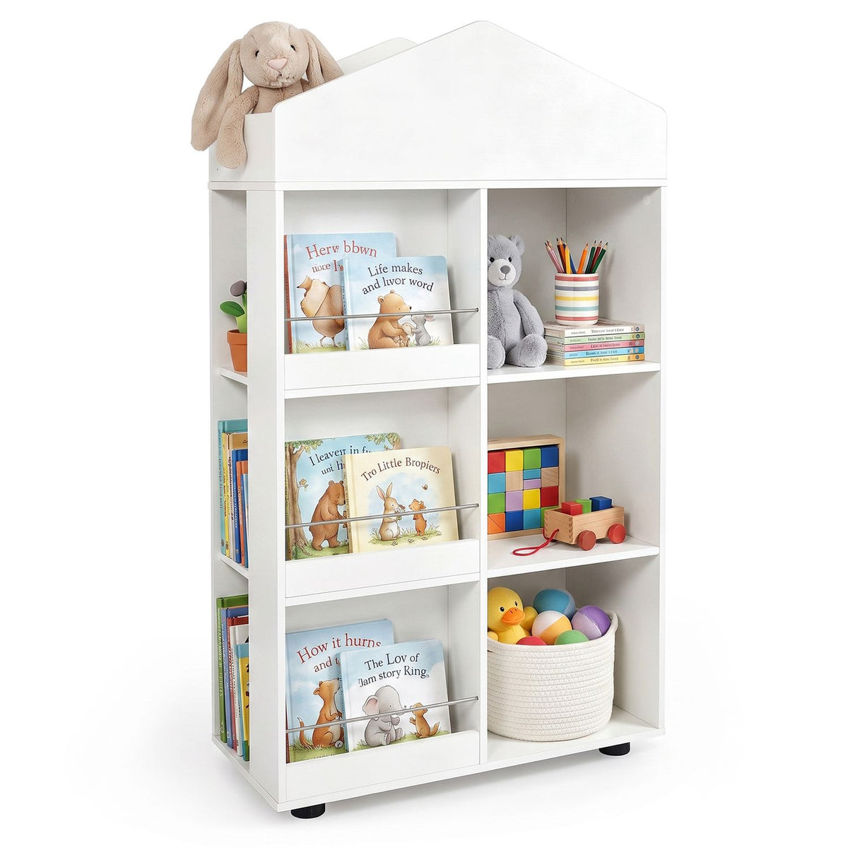 Kids Bookshelf and Toy Storage Organizer 4-Tier House-Shaped Toddler Bookcase-Natural