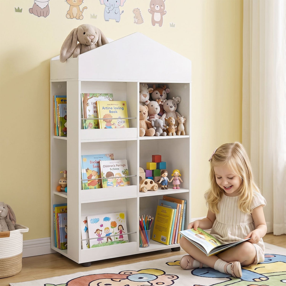 Kids Bookshelf and Toy Storage Organizer 4-Tier House-Shaped Toddler Bookcase-Natural