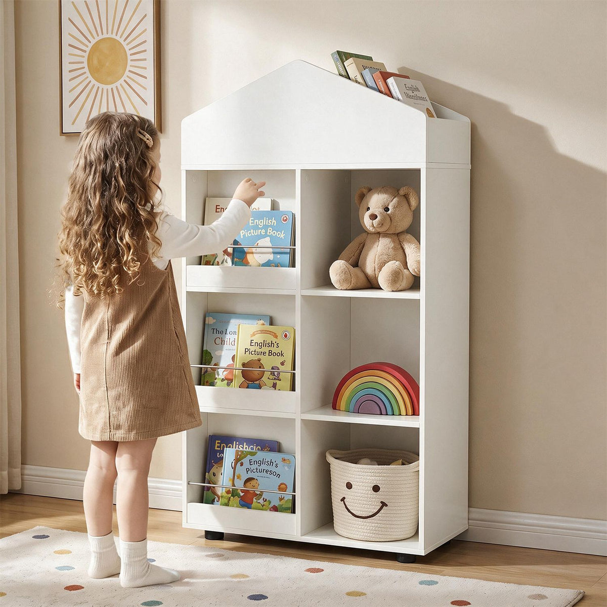 Kids Bookshelf and Toy Storage Organizer 4-Tier House-Shaped Toddler Bookcase-Natural