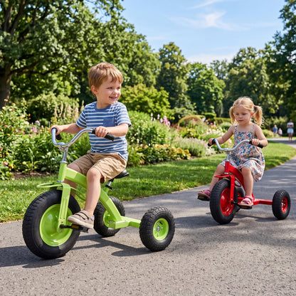 Green kids' carbon steel bike with 15-inch inflatable rubber tires, designed for children, suitable for ride-on play.
