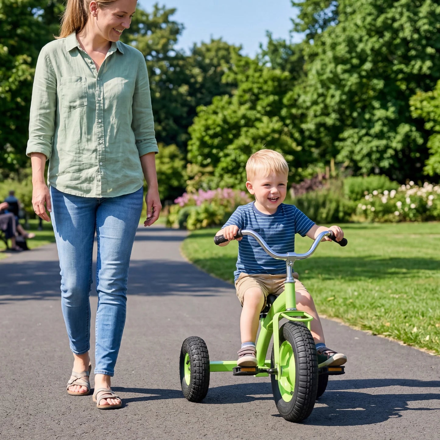 Green kids' carbon steel bike with 15-inch inflatable rubber tires, designed for children’s ride-on toy play.