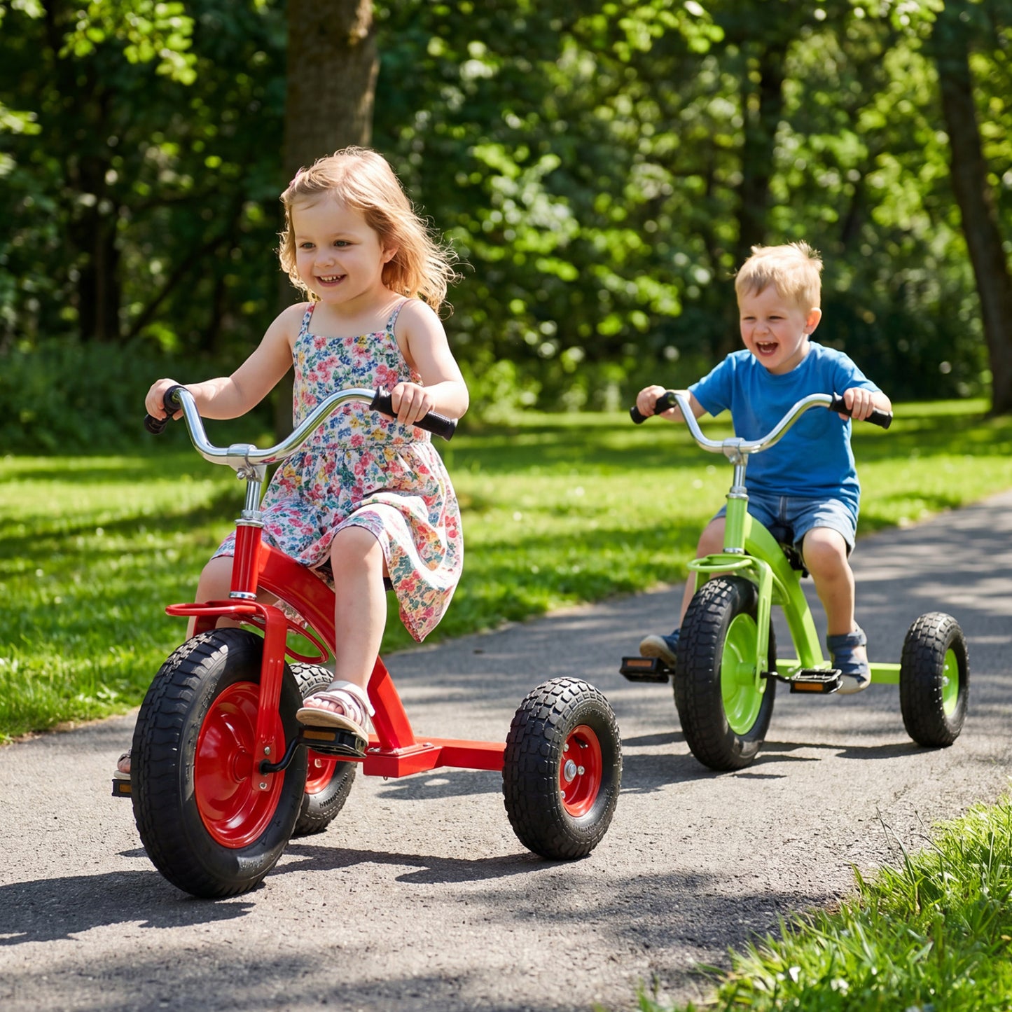 Green kids' bike with a durable carbon steel frame and 15-inch inflatable rubber tires, ideal for ride-on toy fun.