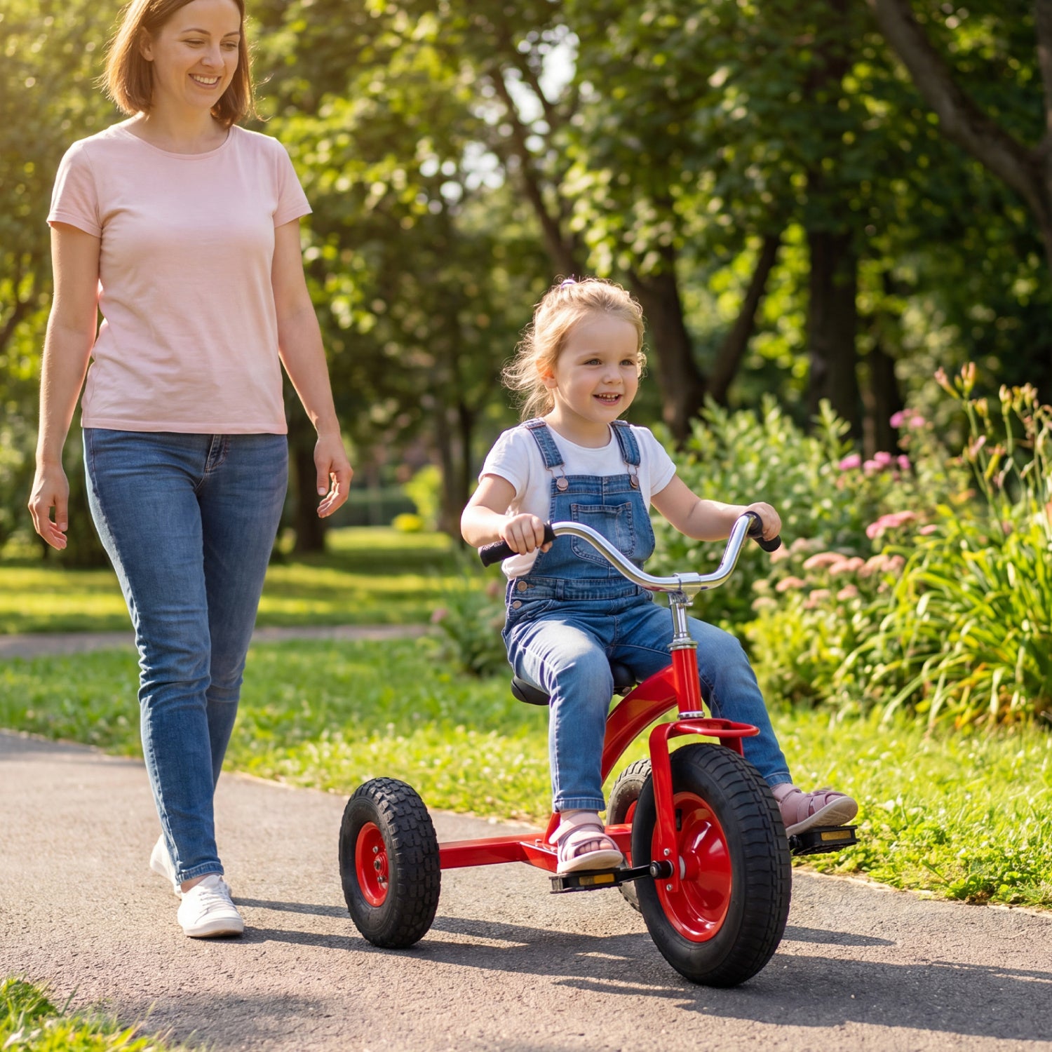 Kids green carbon steel bike with 15-inch inflatable rubber tires, ideal for ride-on play and outdoor fun.