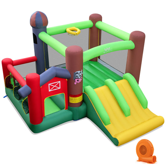 Kids castle bounce house with dual slides, inflatable outdoor toy with 750W blower for active outdoor play.