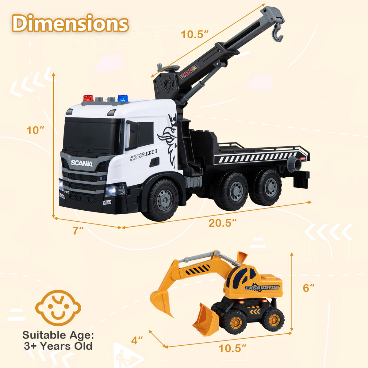 Kids Construction Truck Set Rescue Tow Truck with Sounds Licensed Scania-White