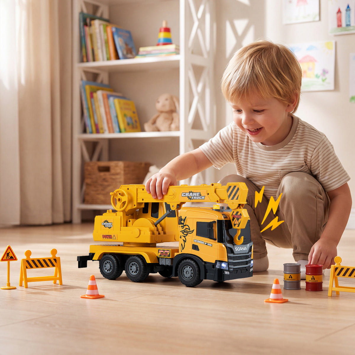 Kids Crane Truck Toy with Sounds and Telescopic Arm Licensed Scania-Yellow