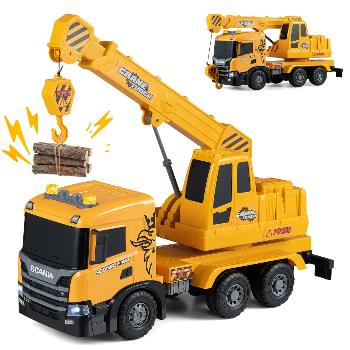 Kids Crane Truck Toy with Sounds and Telescopic Arm Licensed Scania-Yellow