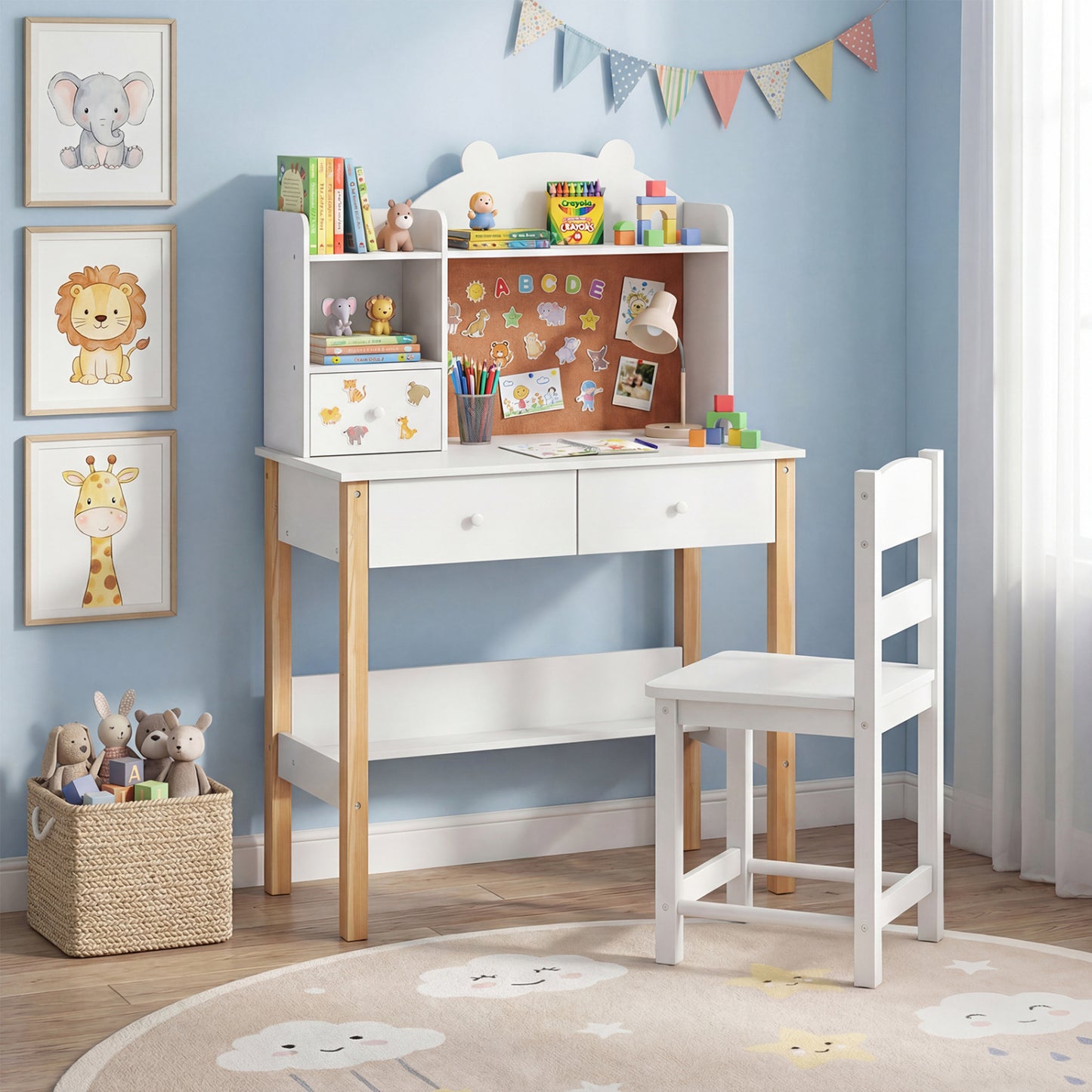 Kids Desk and Chair Set with Hutch Bulletin Board and Drawers-White