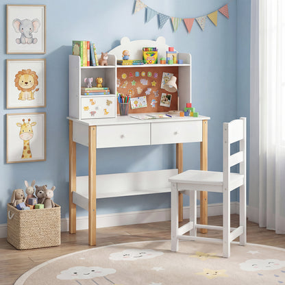 Kids Desk and Chair Set with Hutch Bulletin Board and Drawers-White