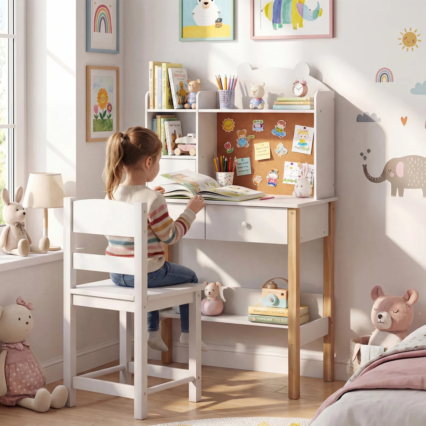 Kids Desk and Chair Set with Hutch Bulletin Board and Drawers-White