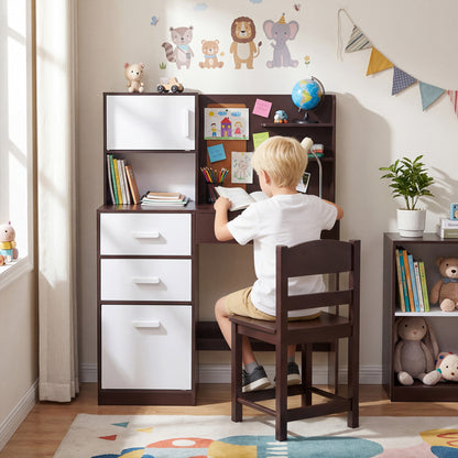 Kids Desk and Chair Set with Bulletin Board and 3 Drawers 2 Storage Cabinets-Rustic Brown