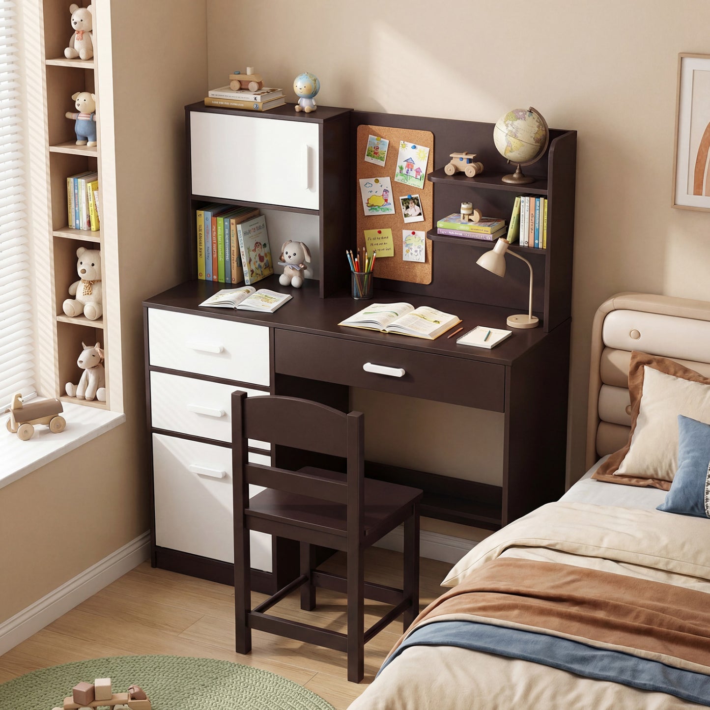 Kids Desk and Chair Set with Bulletin Board and 3 Drawers 2 Storage Cabinets-Rustic Brown