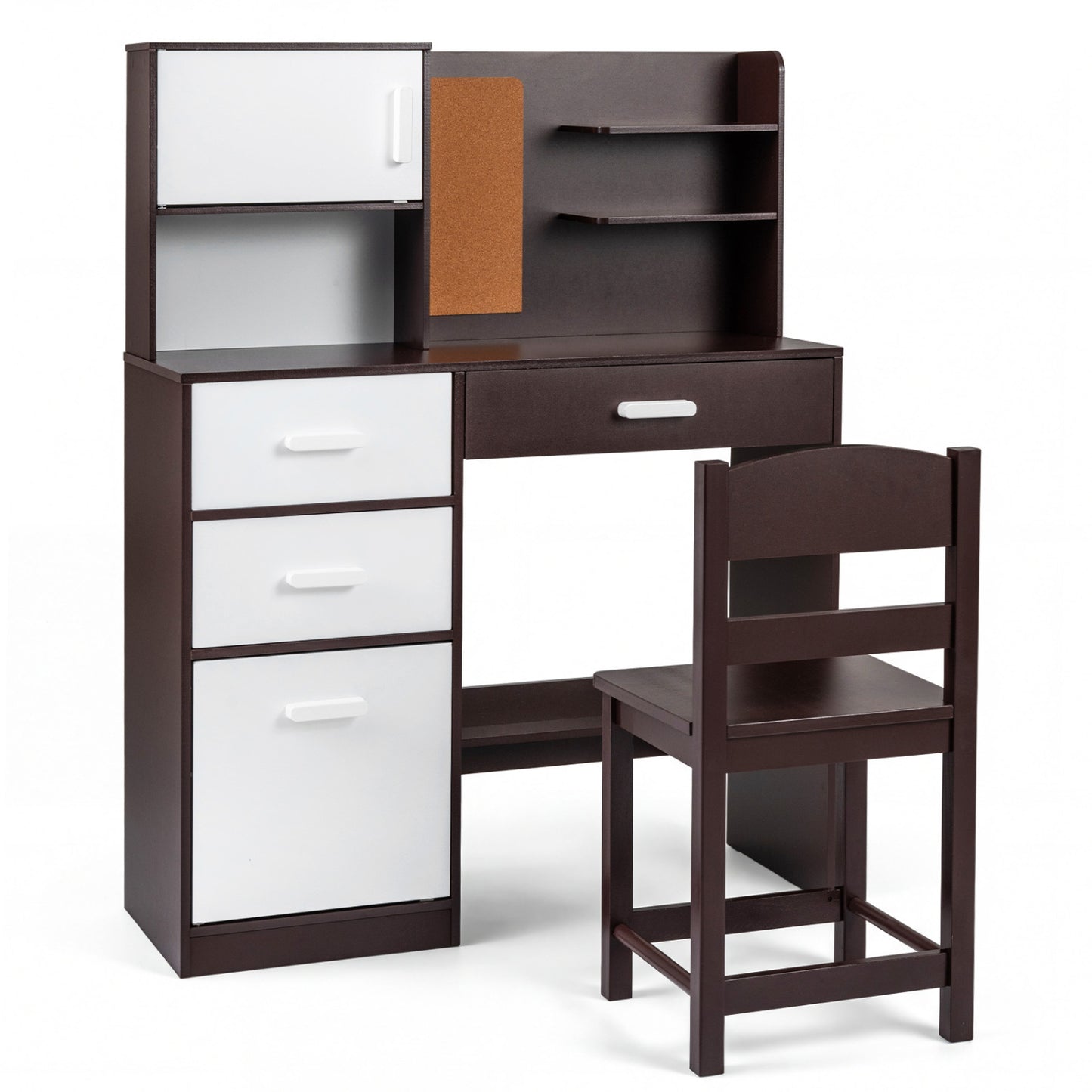 Kids Desk and Chair Set with Bulletin Board and 3 Drawers 2 Storage Cabinets-Rustic Brown