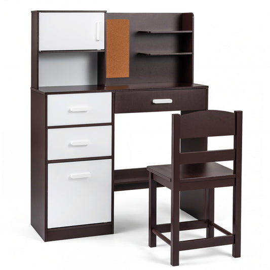 Kids desk and chair set with bulletin board, three drawers, and two storage cabinets in rustic brown for toddlers and kids.